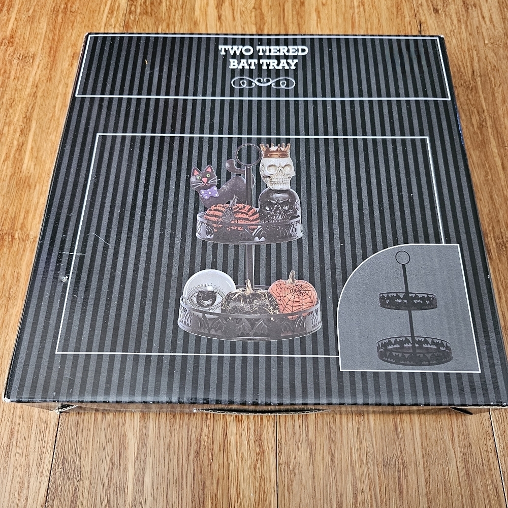 New Black Metal Bat Two Tiered Tray Halloween Display Stand 15" Decorative Tin